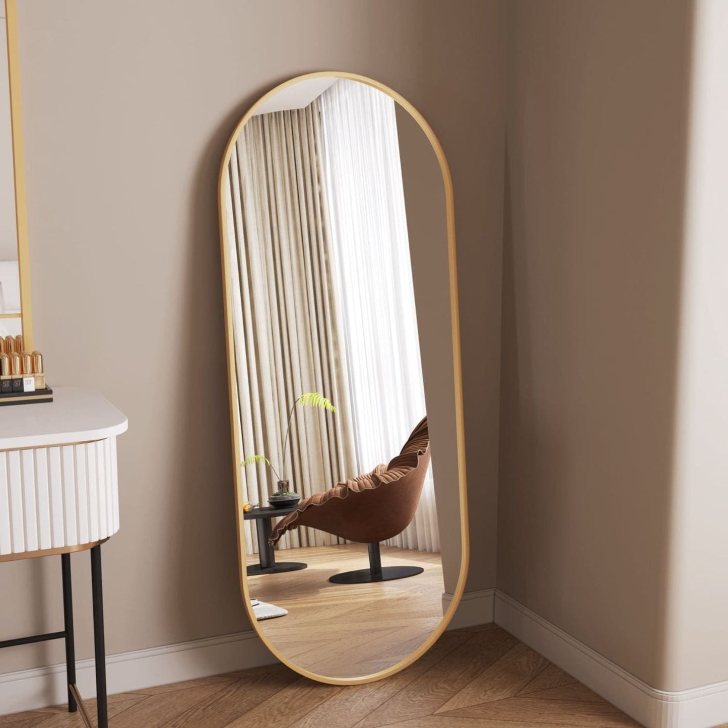 Emi - Gold Metal Runway Oval Mirror - 120cm x 40cm-0