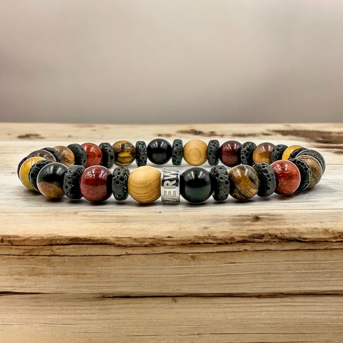Atlas mixed wood beaded bracelet with black lava rock, image 5 of 5