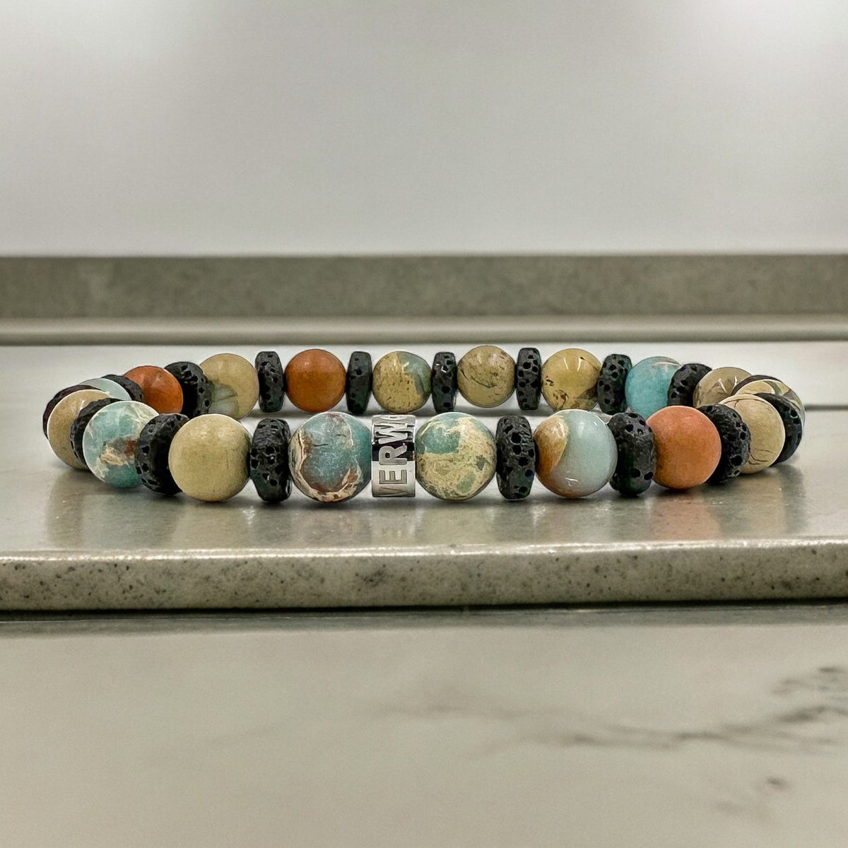 Atlas snakeskin jasper beaded bracelet with black lava rock, image 5 of 5