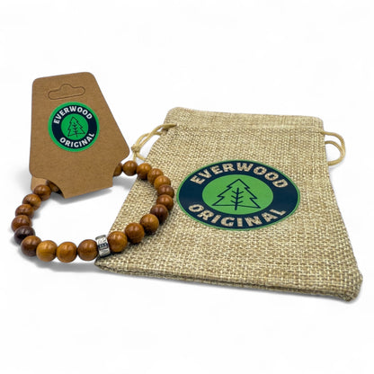 Cascade Cinder Rock padauk wood beaded bracelet, with its packaging