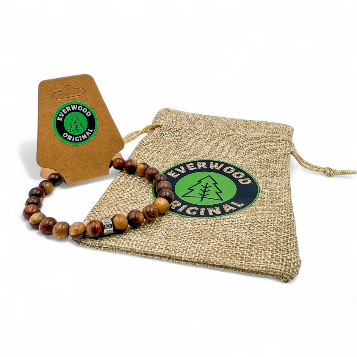Cascade Cold Canyon mahogany sapwood beaded bracelet, with its gift bag packaging