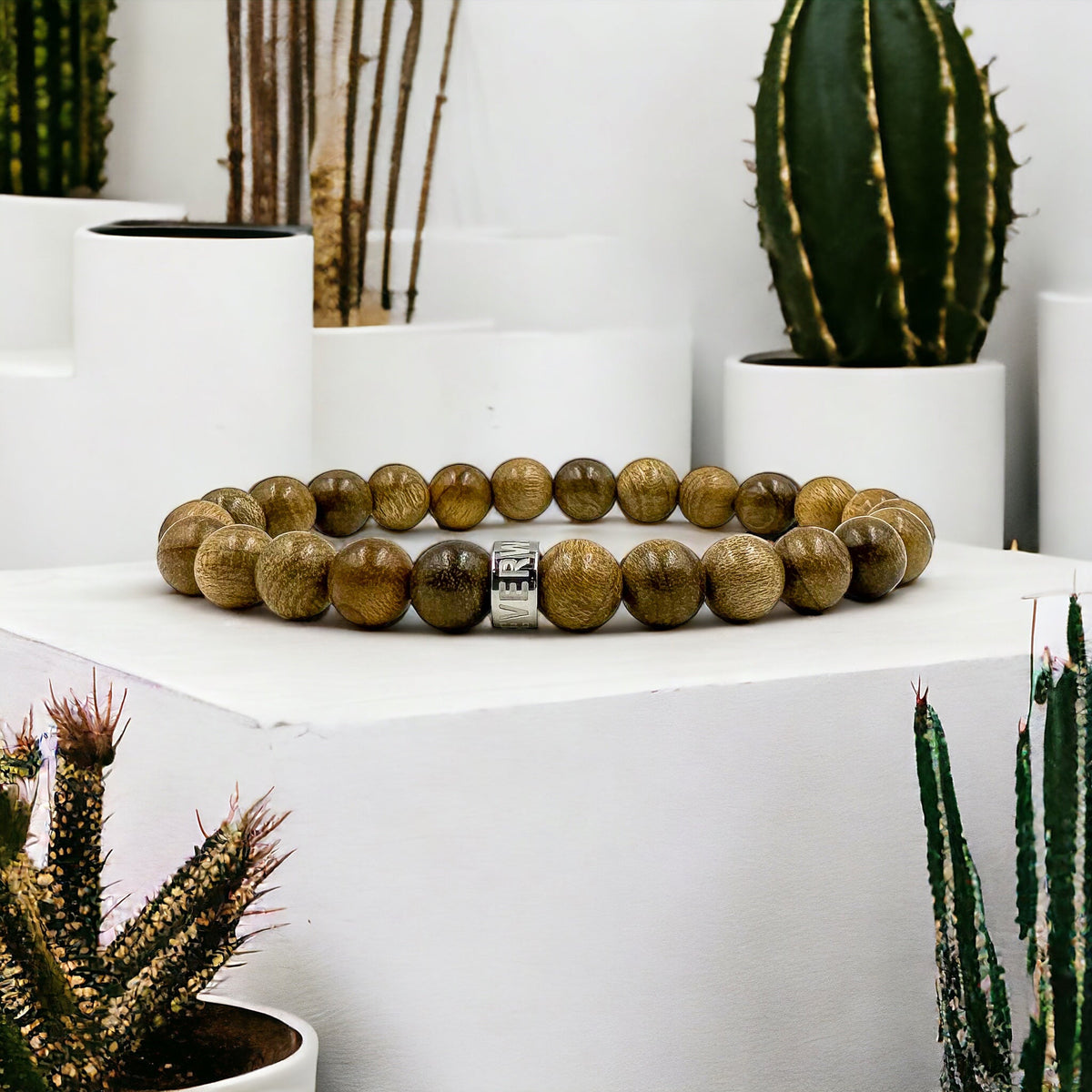 Cascade Pineforge olivewood beaded bracelet, shown on a podium beside a cactus