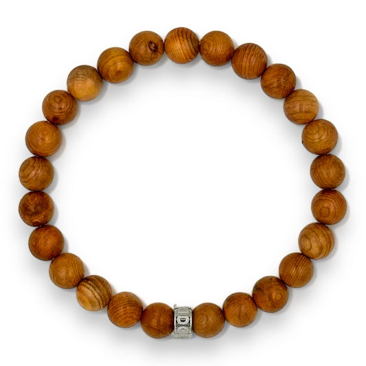 Cascade Tanglepine canary wood beaded bracelet, overhead view