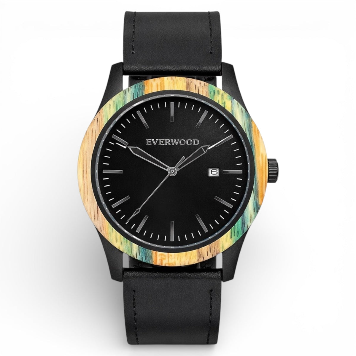 Inverness bamboo wooden watch with black dial and black leather strap, main product photo