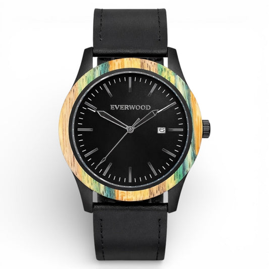 Inverness bamboo wooden watch with black dial and black leather strap, main product photo