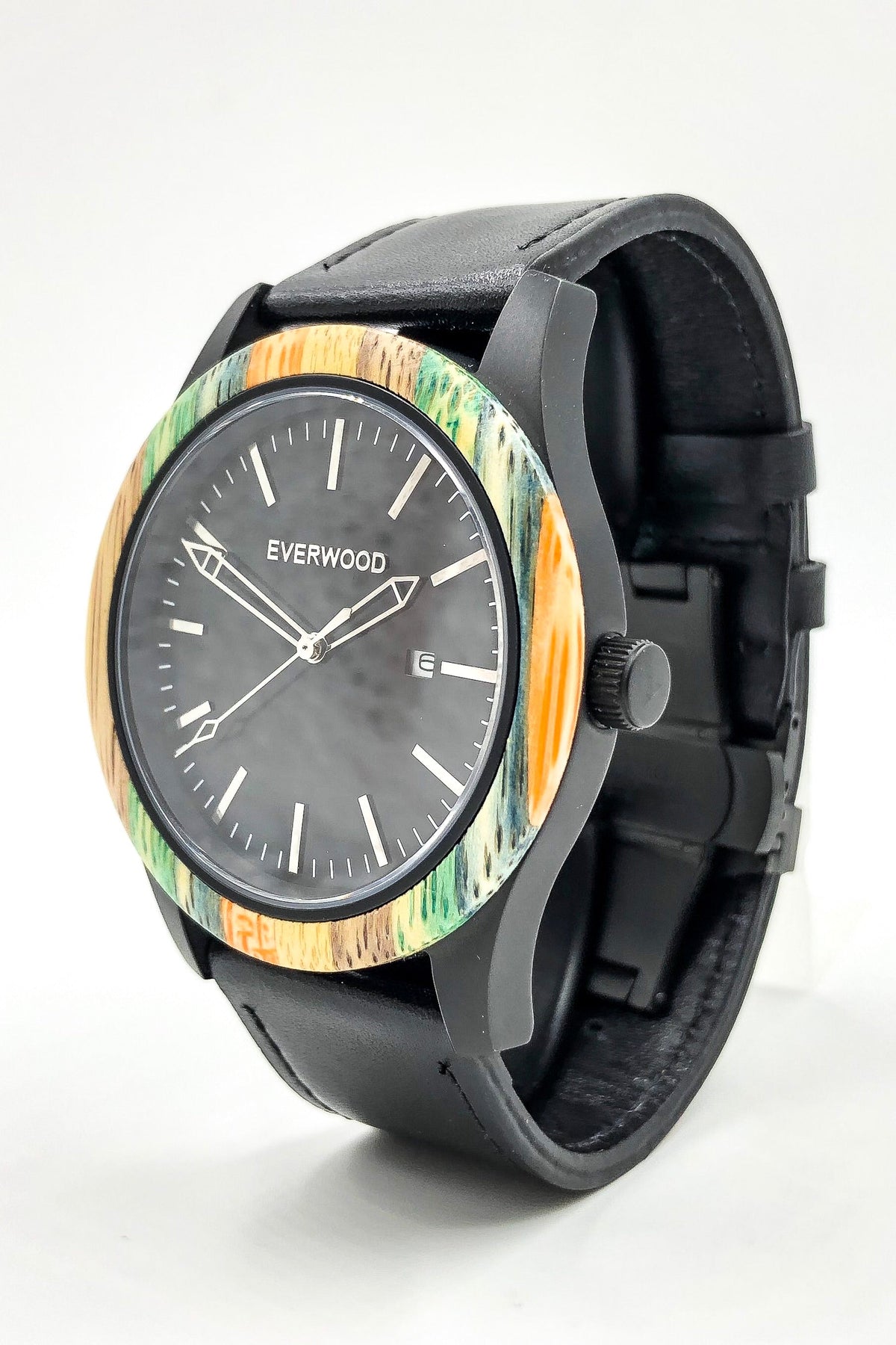 Inverness bamboo wooden watch with black dial and black leather strap, image 2 of 5