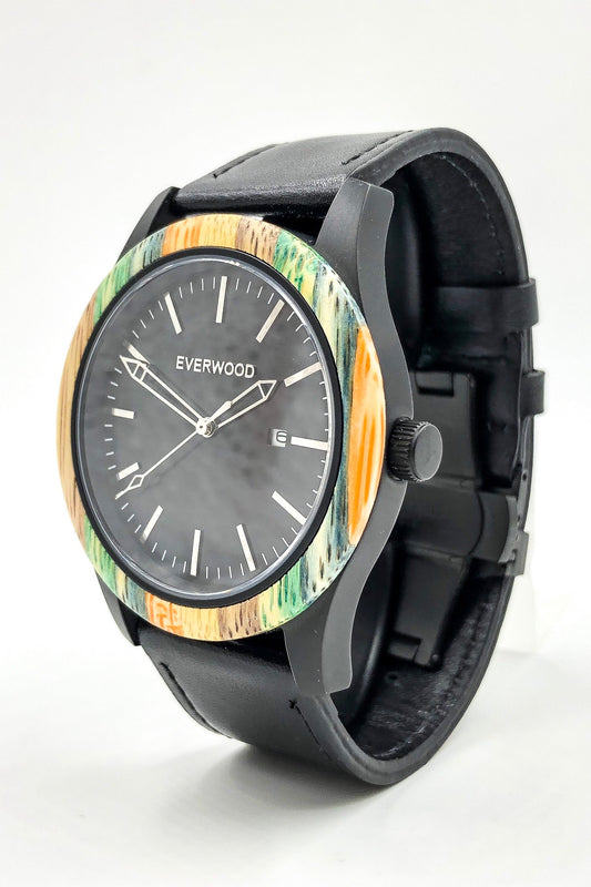 Inverness bamboo wooden watch with black dial and black leather strap, image 2 of 5