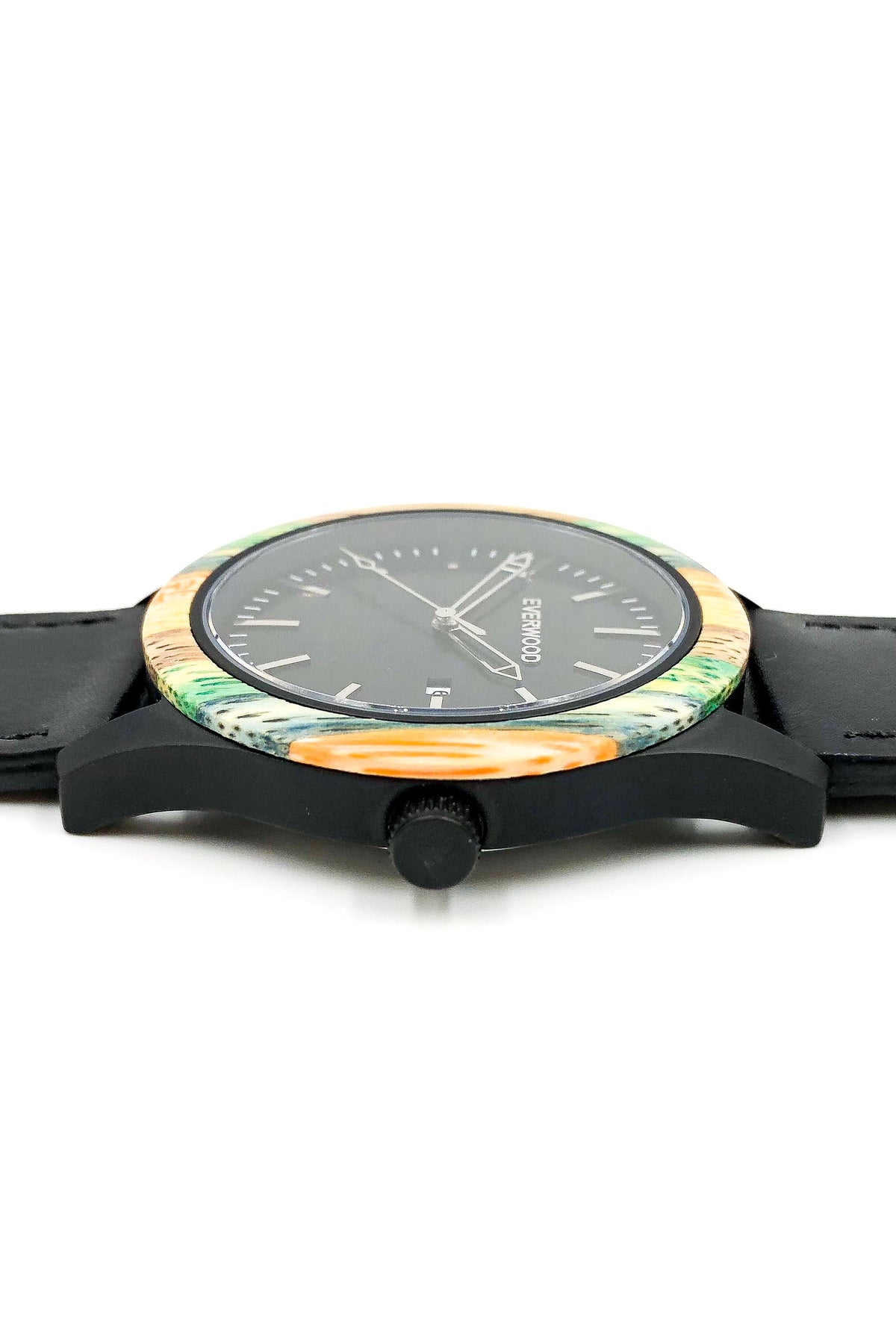 Inverness bamboo wooden watch with black dial and black leather strap, image 3 of 5