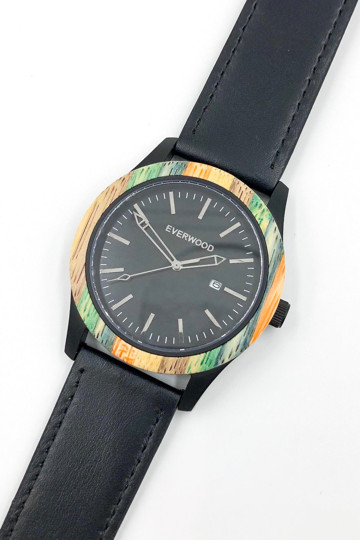 Inverness bamboo wooden watch with black dial and black leather strap, image 4 of 5
