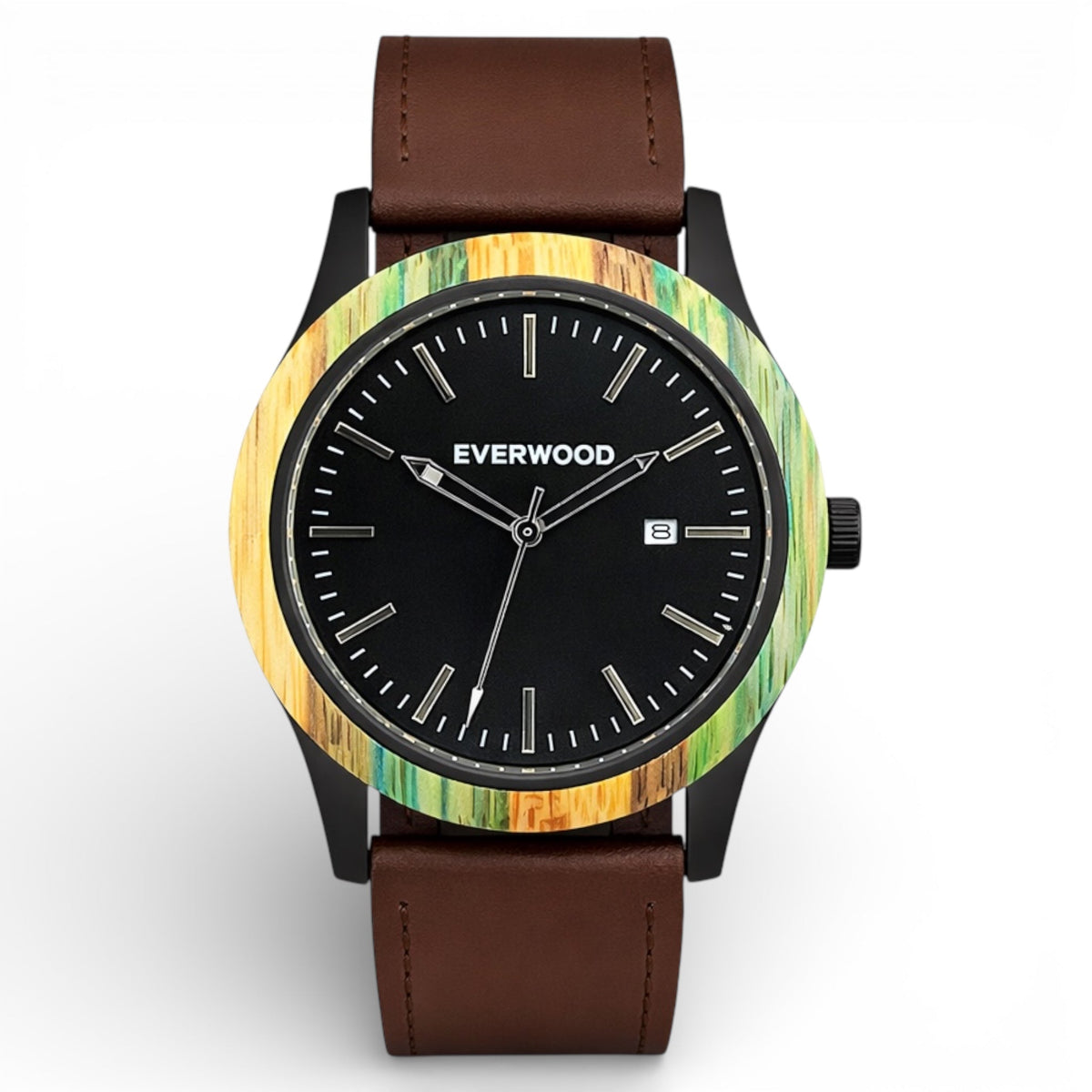 Inverness bamboo wooden watch with black dial and brown leather strap, main product photo