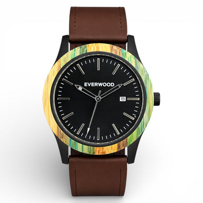 Inverness bamboo wooden watch with black dial and brown leather strap, main product photo