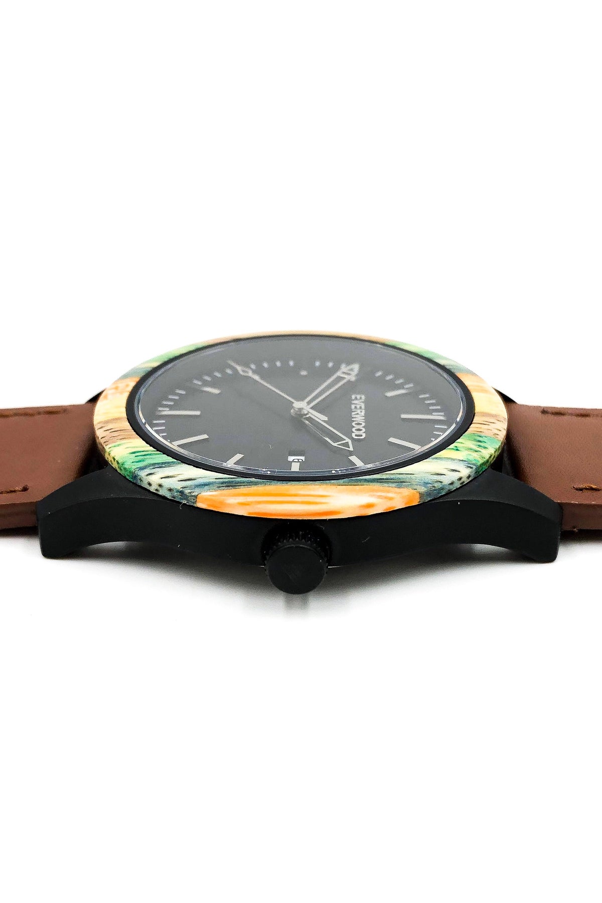 Inverness bamboo wooden watch with black dial and brown leather strap, image 3 of 5
