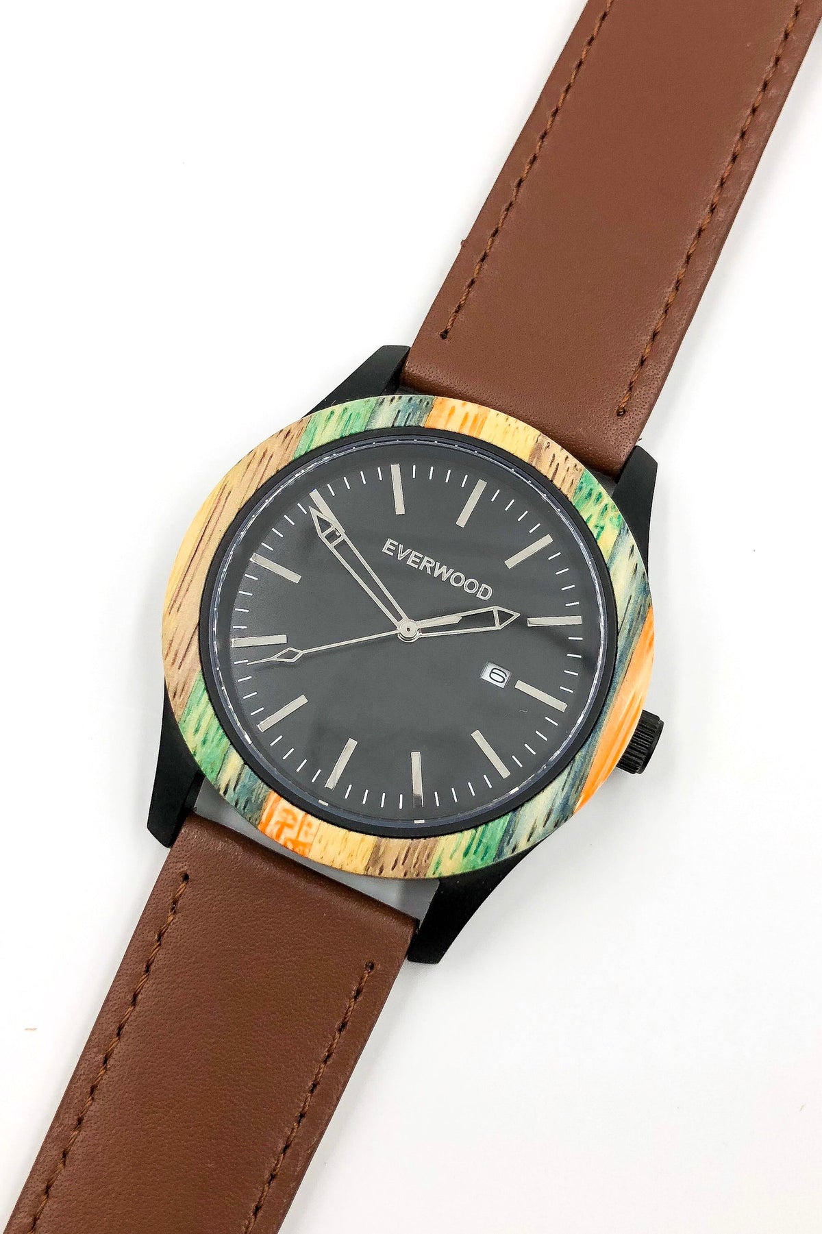 Inverness bamboo wooden watch with black dial and brown leather strap, image 4 of 5