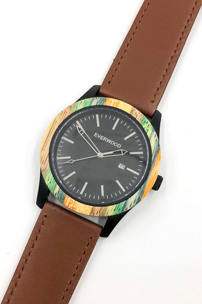 Inverness bamboo wooden watch with black dial and brown leather strap, image 4 of 5