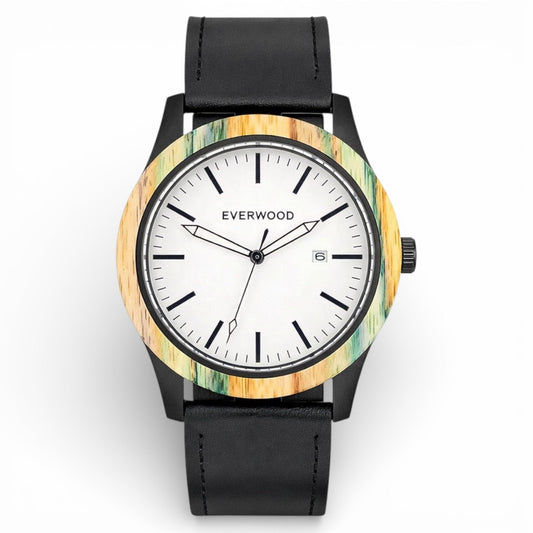 Inverness bamboo wooden watch with white dial and black leather strap, main product photo