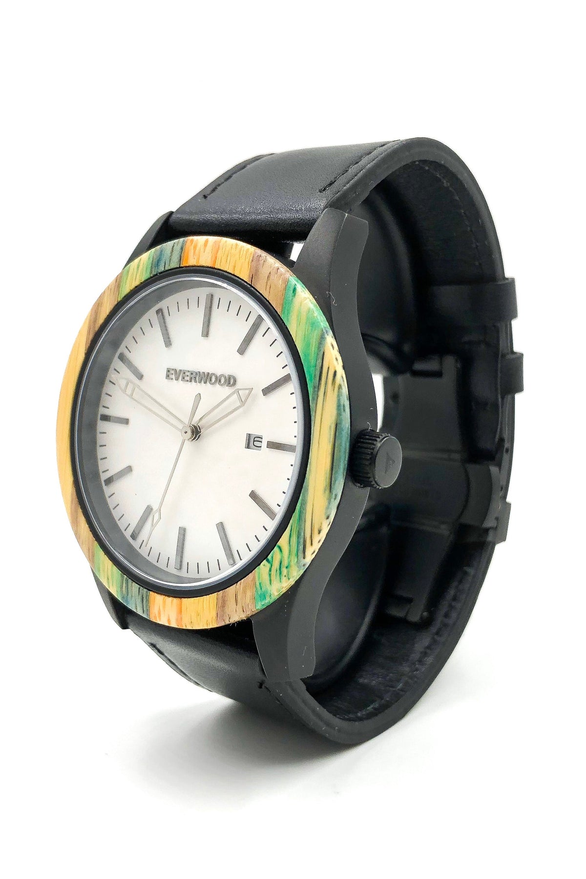 Inverness bamboo wooden watch with white dial and black leather strap, image 2 of 5