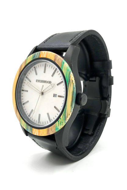 Inverness bamboo wooden watch with white dial and black leather strap, image 2 of 5