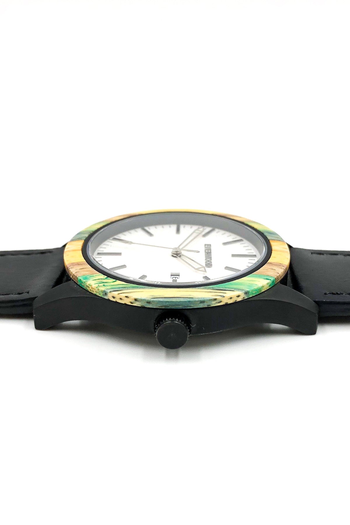 Inverness bamboo wooden watch with white dial and black leather strap, image 3 of 5