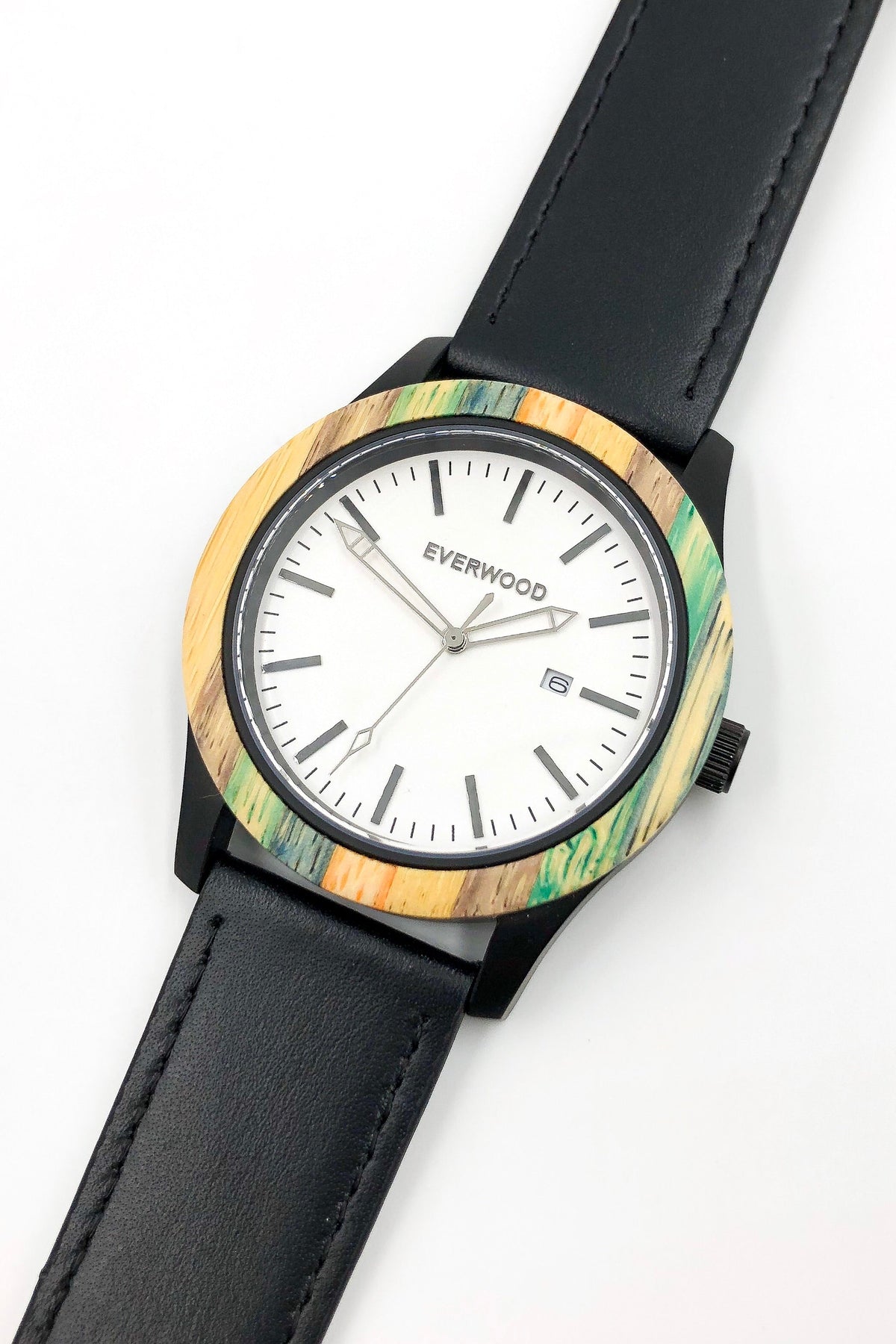 Inverness bamboo wooden watch with white dial and black leather strap, image 4 of 5