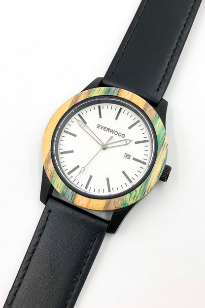 Inverness bamboo wooden watch with white dial and black leather strap, image 4 of 5