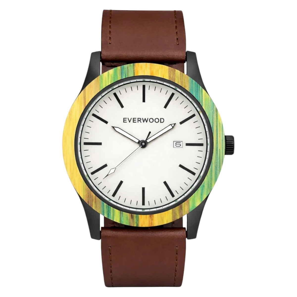 Inverness bamboo wooden watch with white dial and brown leather strap, main product photo