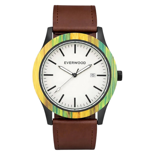 Inverness bamboo wooden watch with white dial and brown leather strap, main product photo