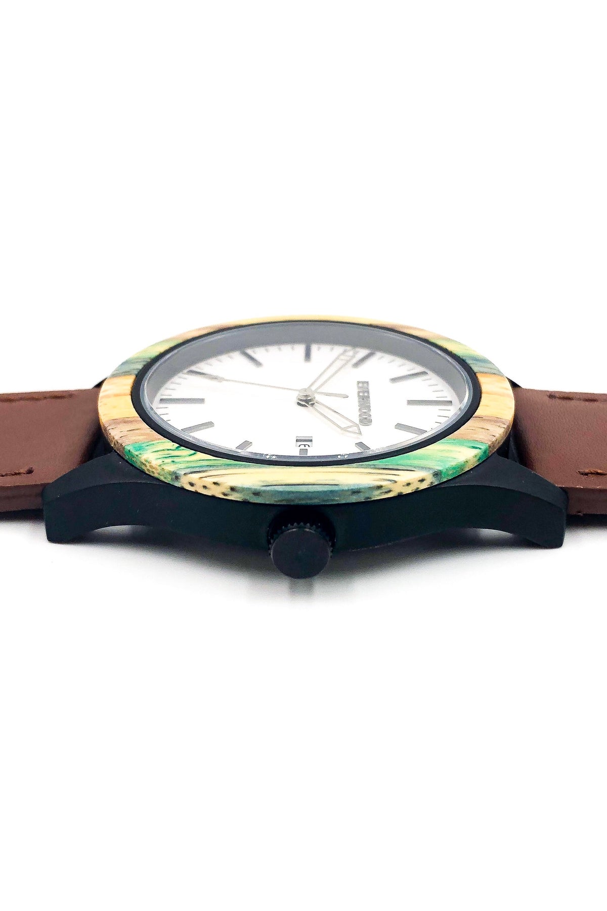 Inverness bamboo wooden watch with white dial and brown leather strap, image 3 of 5