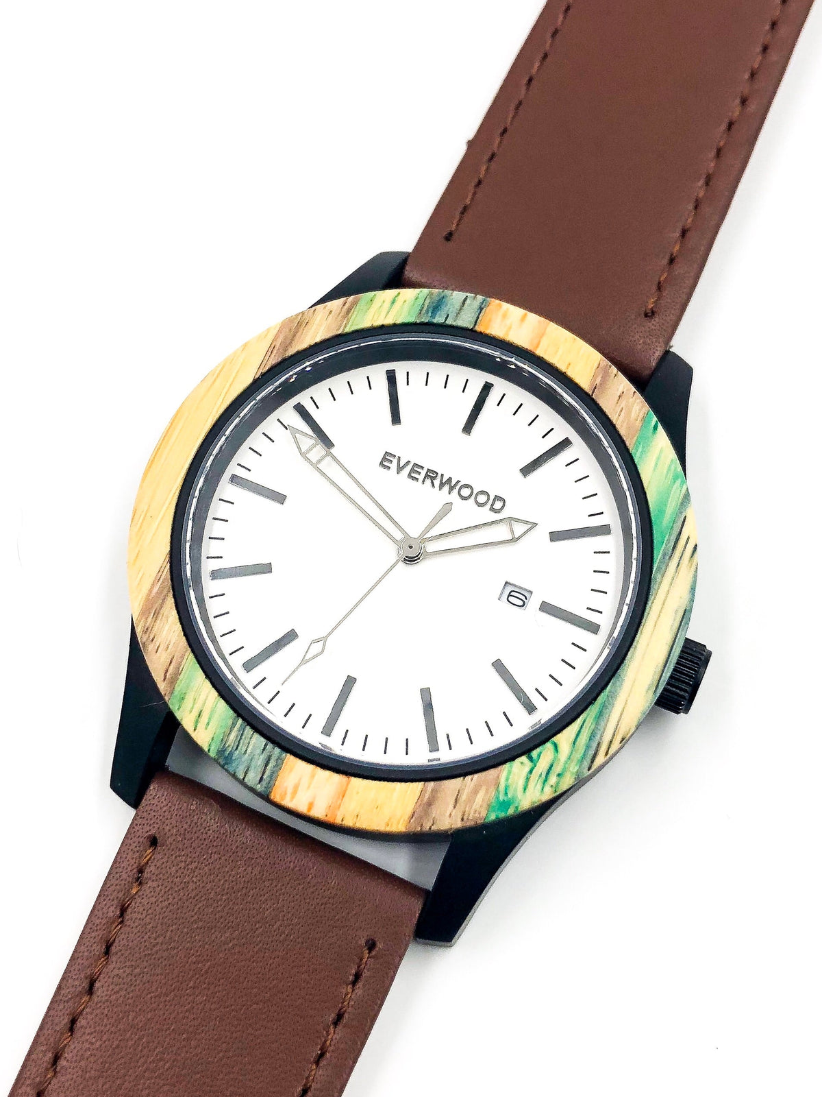 Inverness bamboo wooden watch with white dial and brown leather strap, image 4 of 5