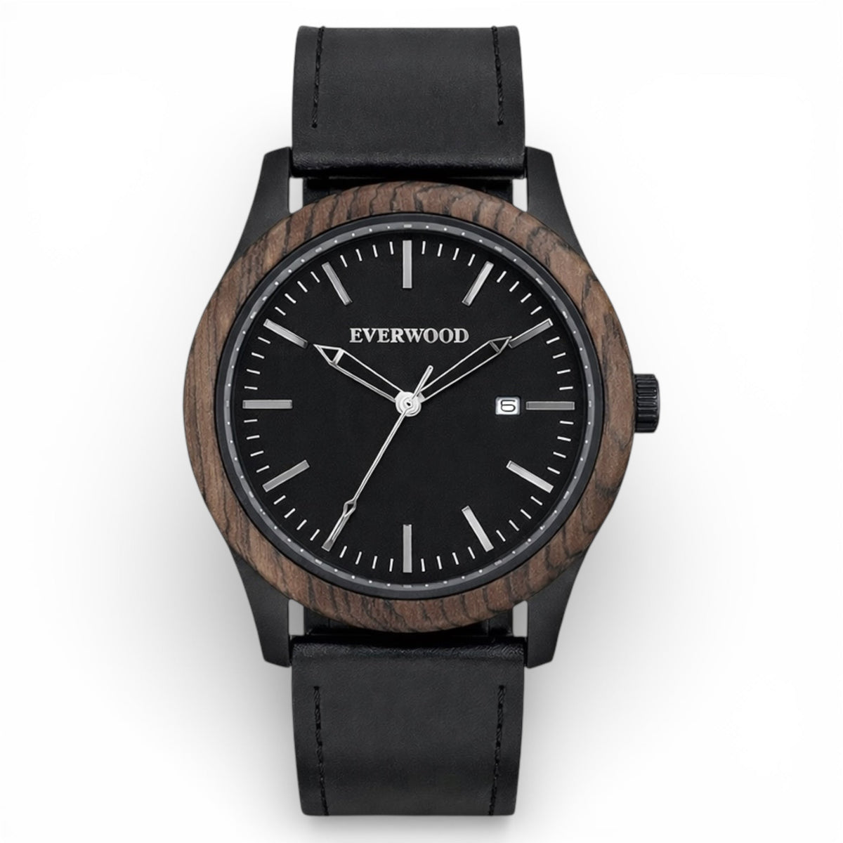 Inverness walnut wooden watch with black dial and black leather strap, main product photo