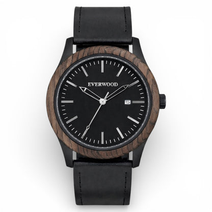 Inverness walnut wooden watch with black dial and black leather strap, main product photo