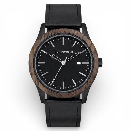 Inverness walnut wooden watch with black dial and black leather strap, main product photo