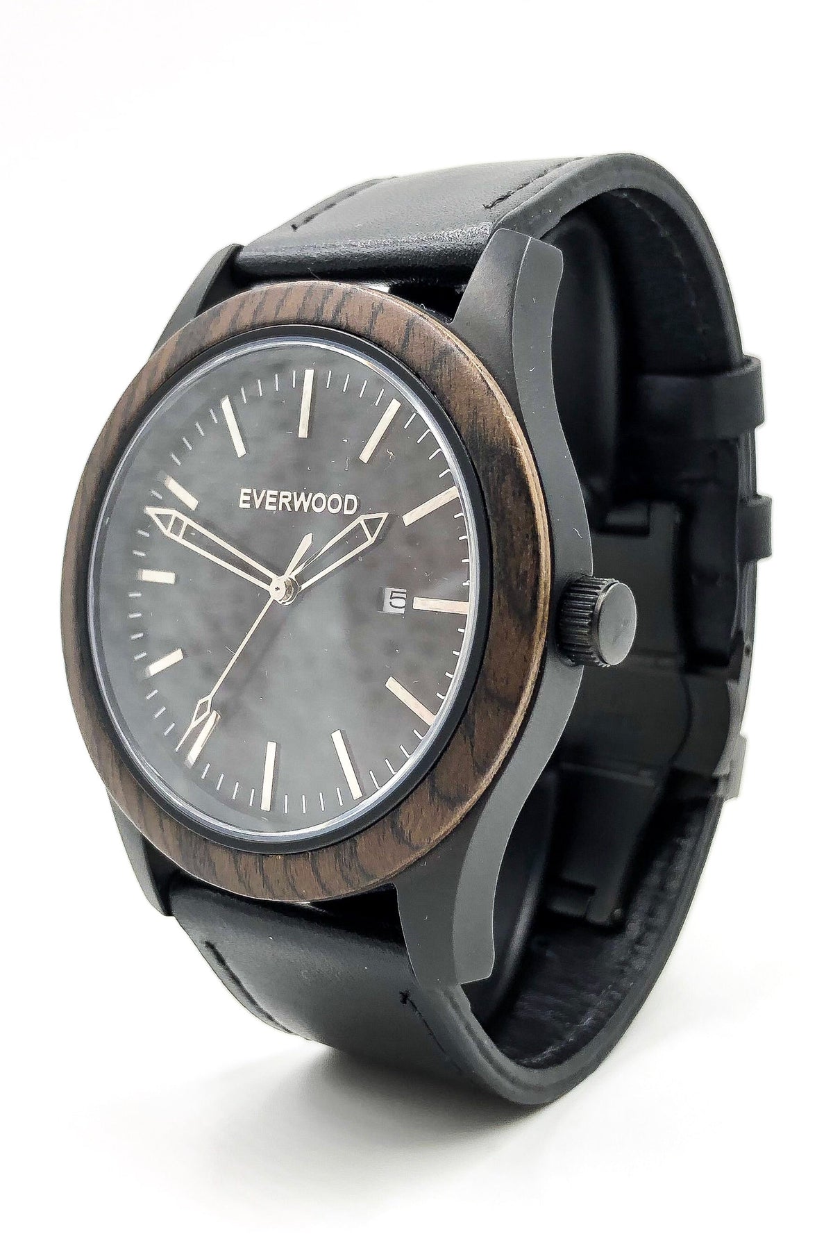 Inverness walnut wooden watch with black dial and black leather strap, image 2 of 5
