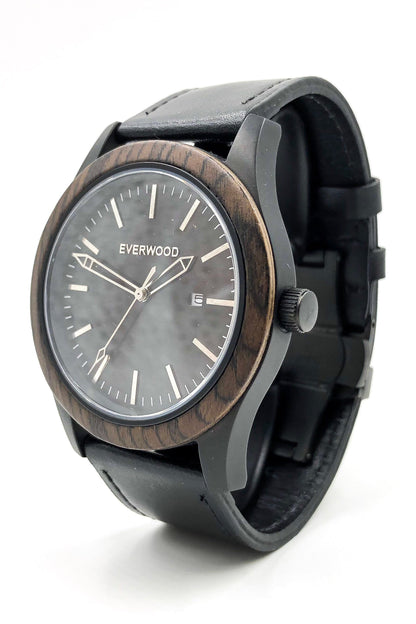 Inverness walnut wooden watch with black dial and black leather strap, image 2 of 5