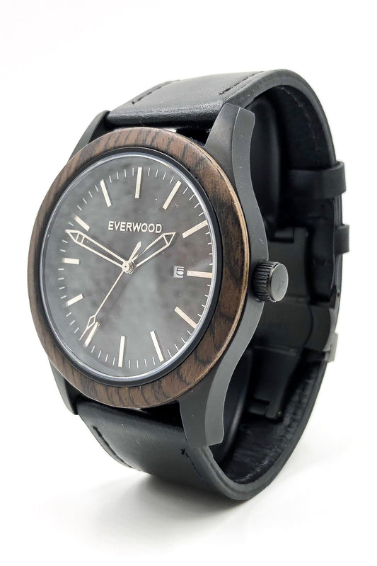 Inverness walnut wooden watch with black dial and black leather strap, image 2 of 5