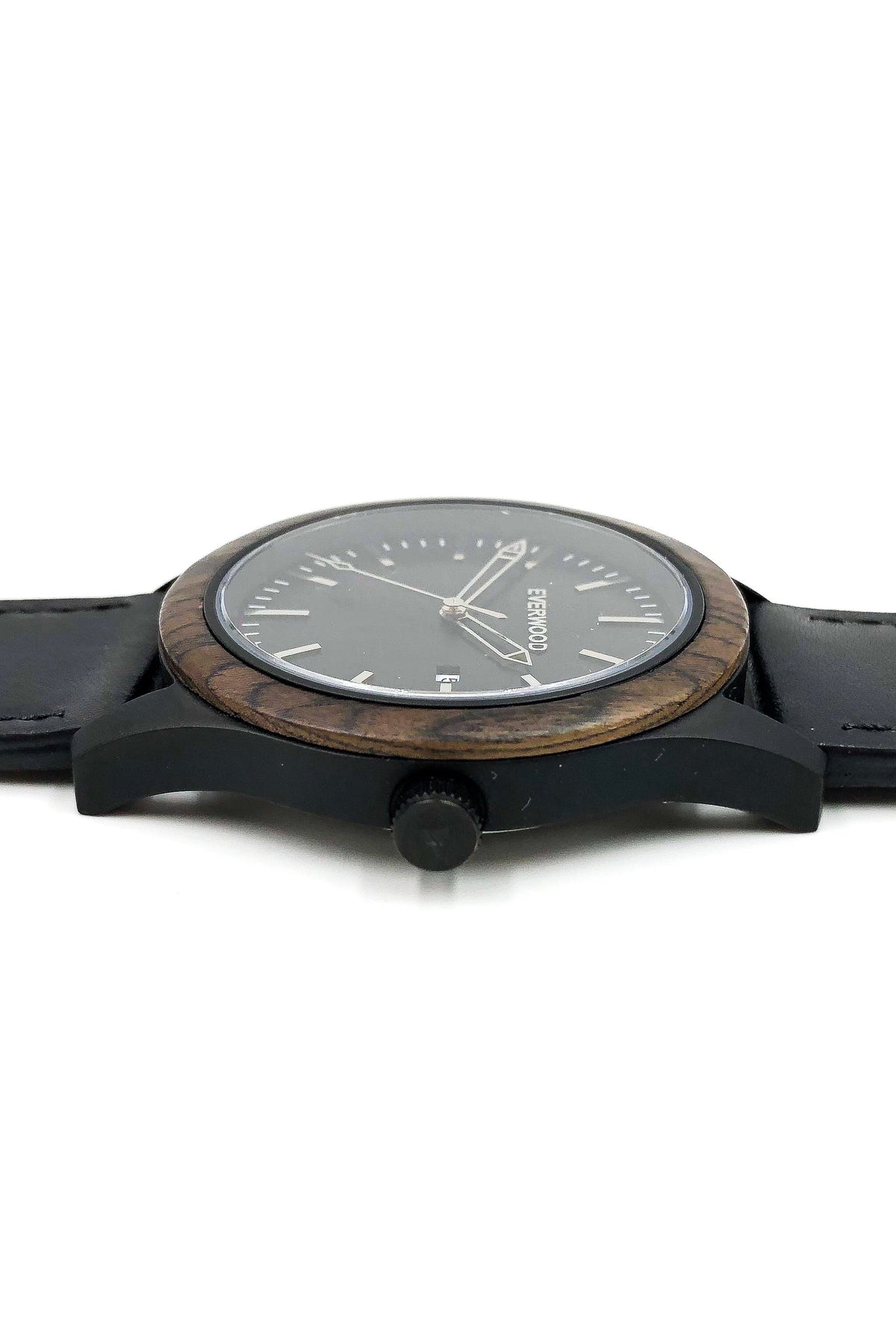 Inverness walnut wooden watch with black dial and black leather strap, image 3 of 5