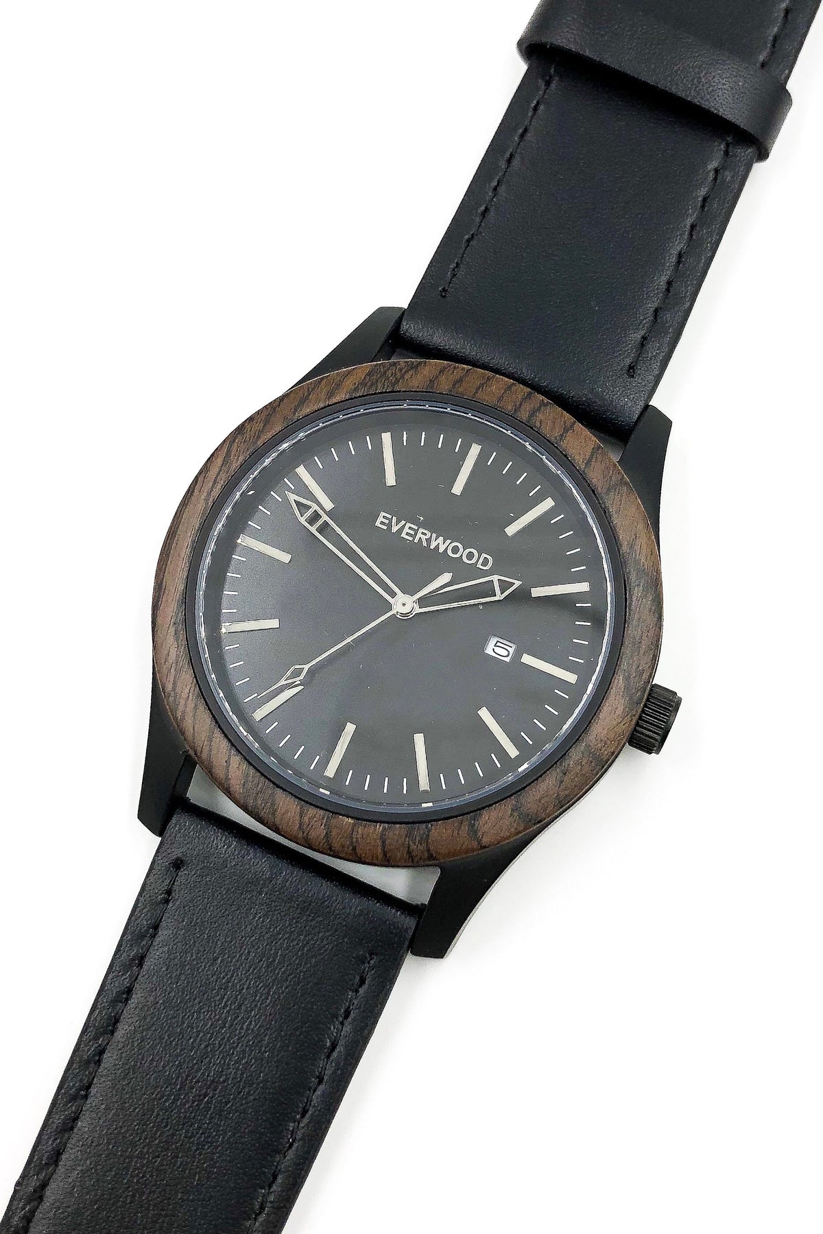 Inverness walnut wooden watch with black dial and black leather strap, image 4 of 5