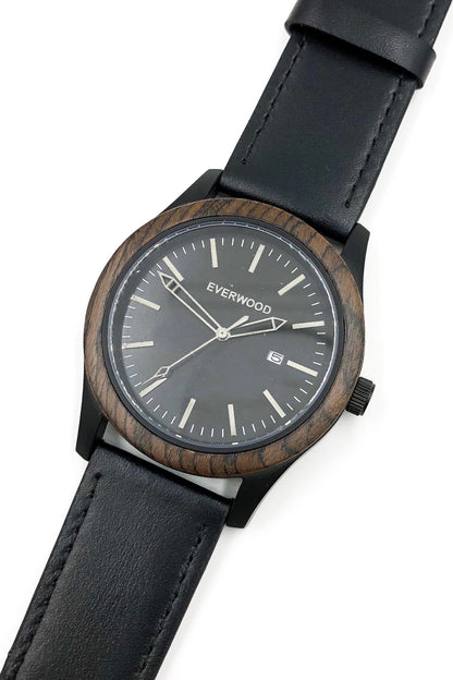 Inverness walnut wooden watch with black dial and black leather strap, image 4 of 5