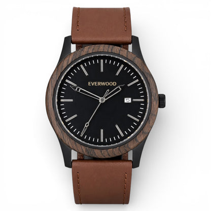 Inverness walnut wooden watch with black dial and brown leather strap, main product photo