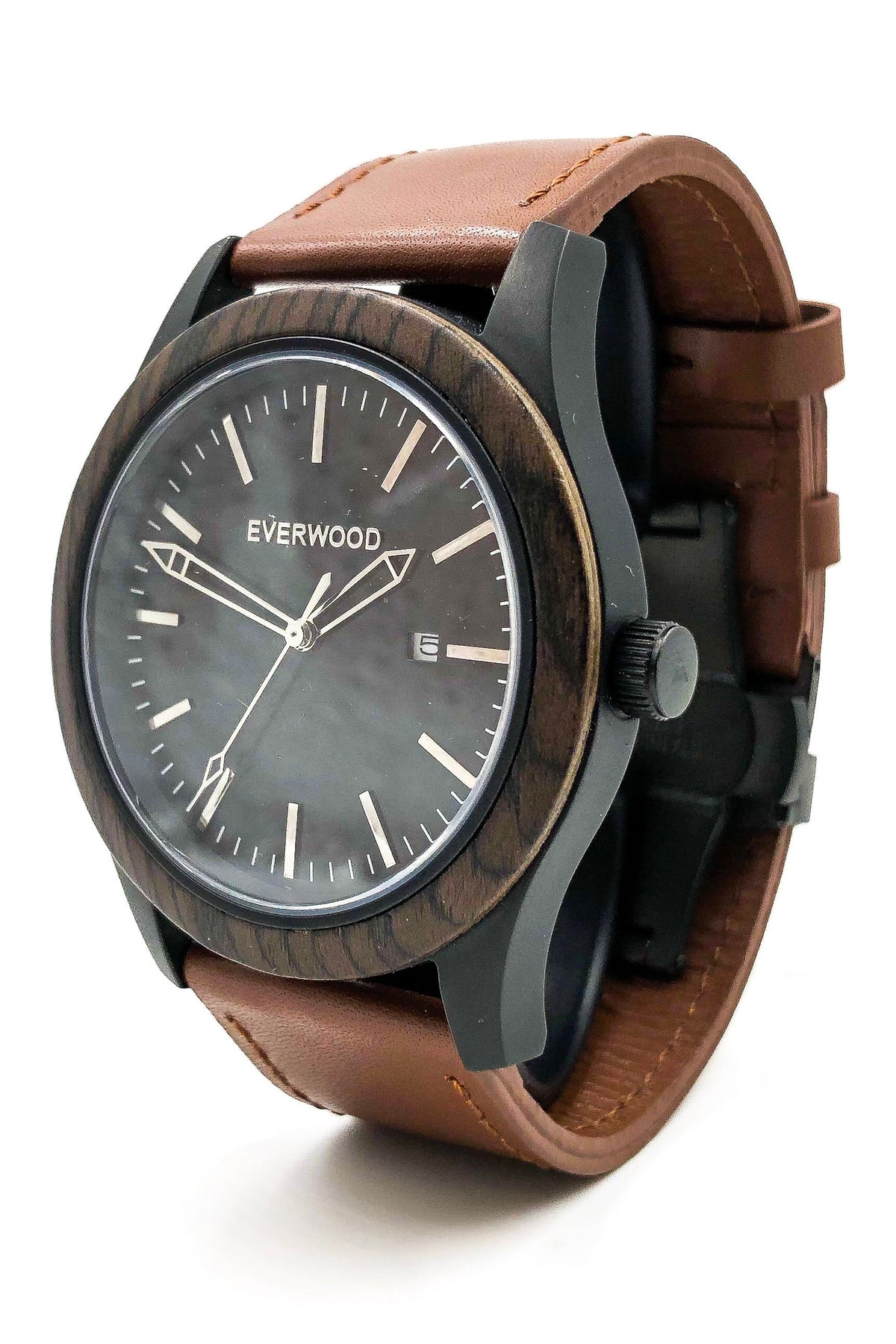 Inverness walnut wooden watch with black dial and brown leather strap, image 2 of 5