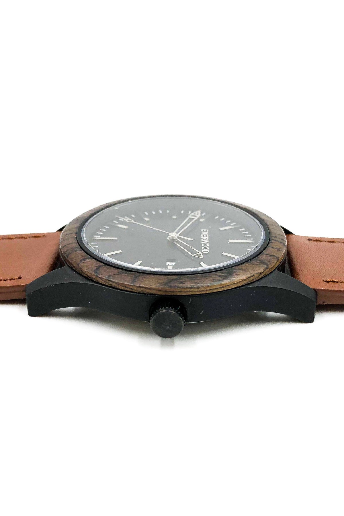 Inverness walnut wooden watch with black dial and brown leather strap, image 3 of 5