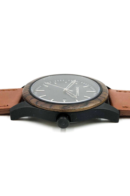 Inverness walnut wooden watch with black dial and brown leather strap, image 3 of 5
