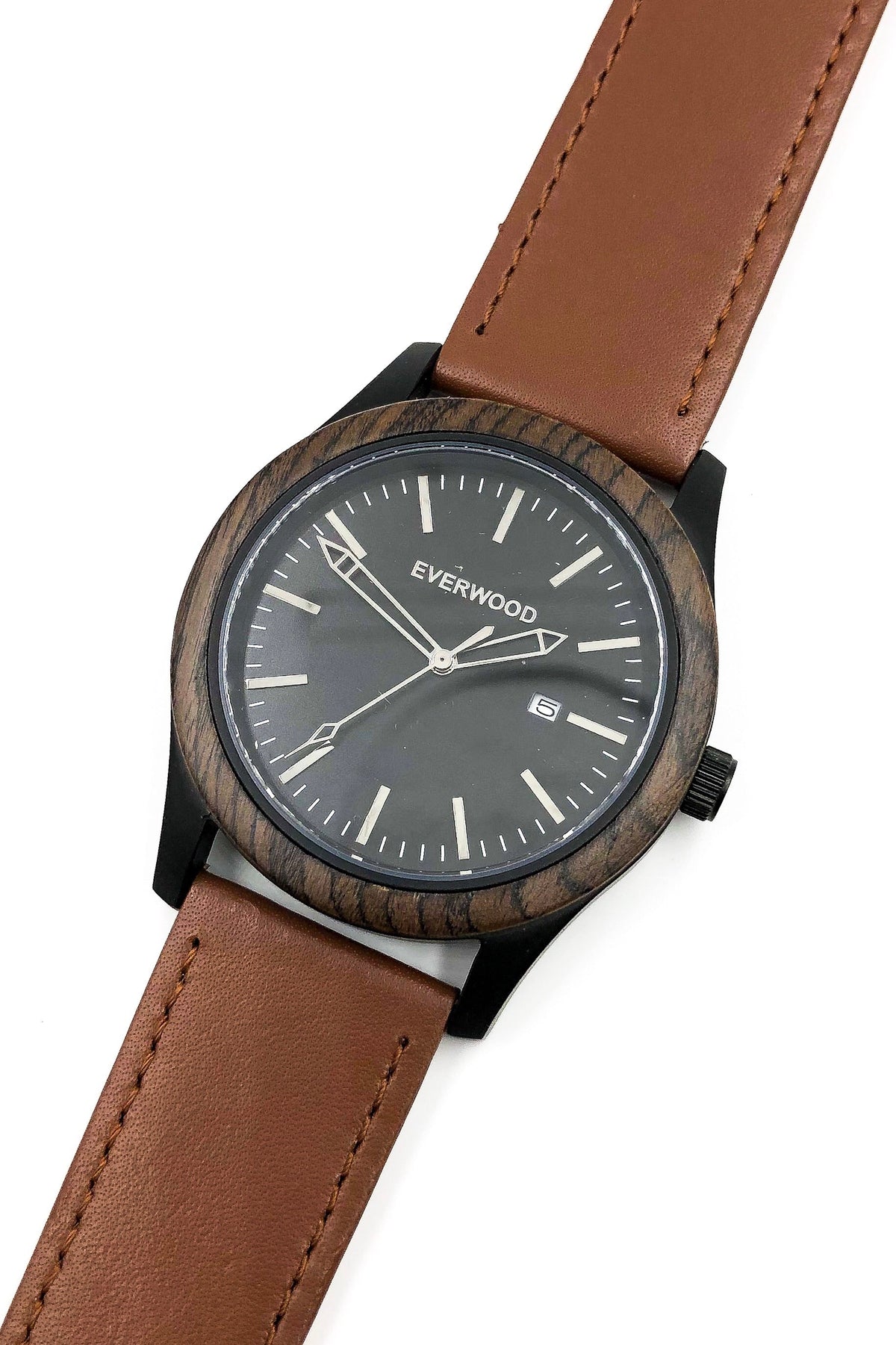 Inverness walnut wooden watch with black dial and brown leather strap, image 4 of 5