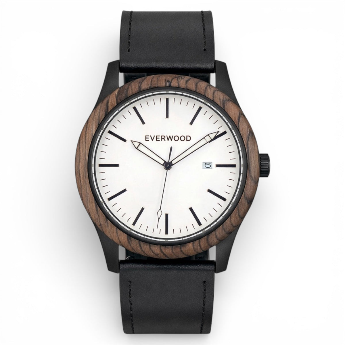 Inverness walnut wooden watch with white dial and black leather strap, main product photo