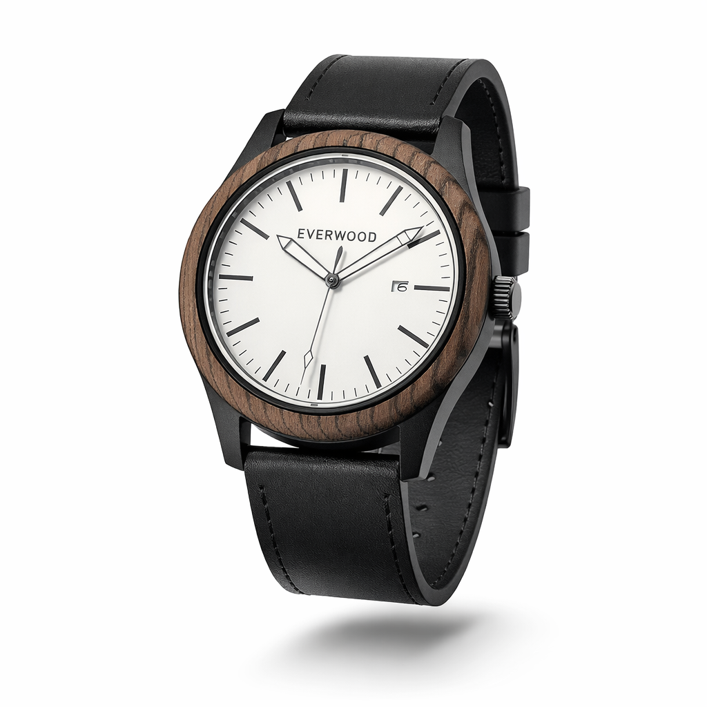 Inverness walnut wooden watch with white dial and black leather strap, image 3 of 5
