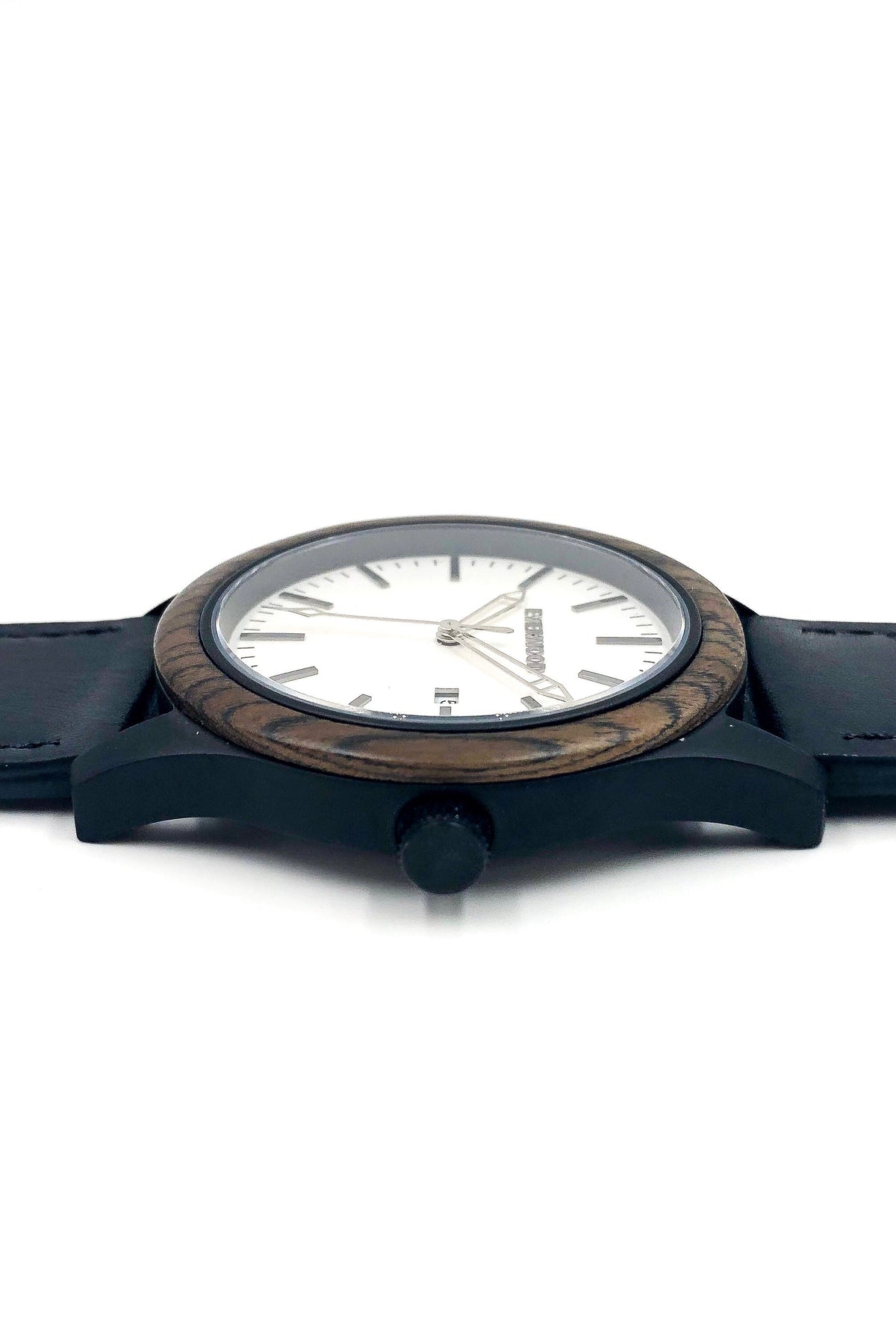 Inverness walnut wooden watch with white dial and black leather strap, image 4 of 5