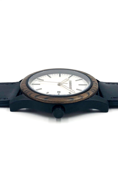 Inverness walnut wooden watch with white dial and black leather strap, image 4 of 5