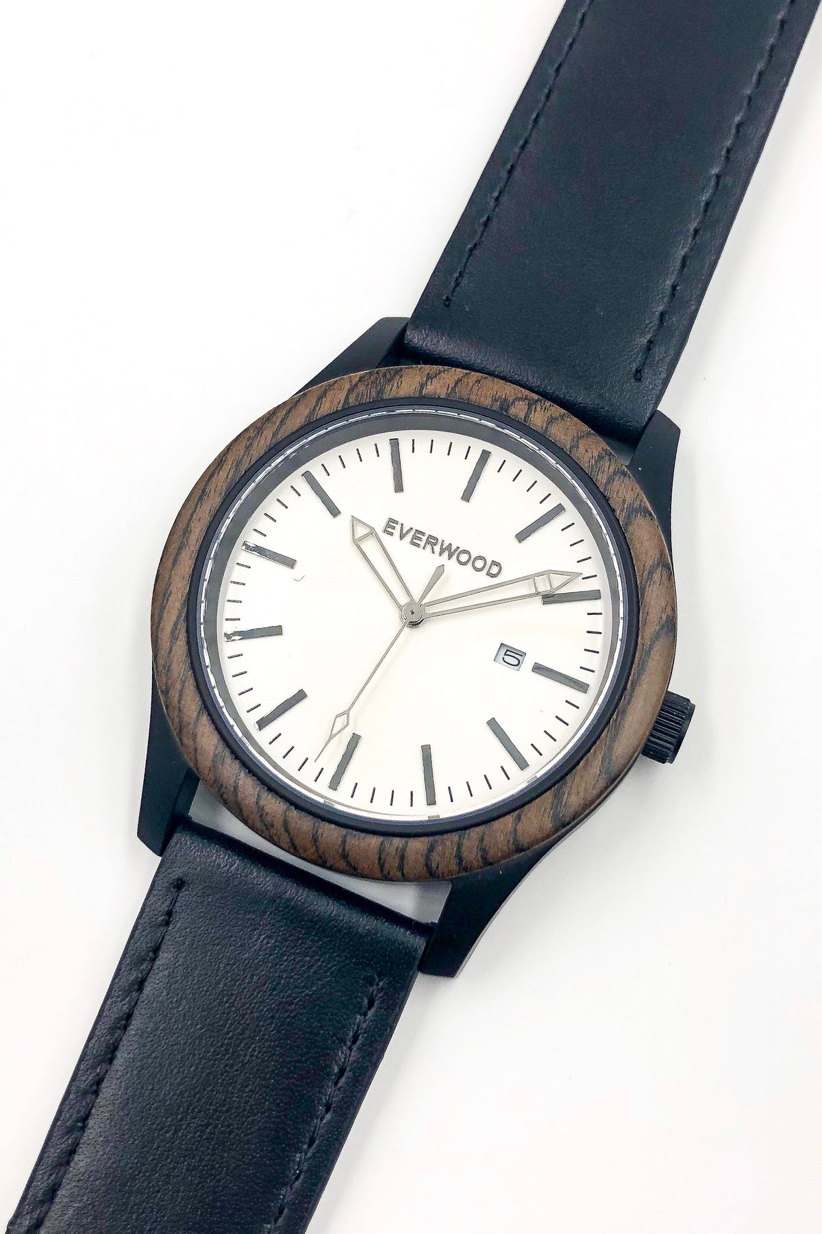Inverness walnut wooden watch with white dial and black leather strap, image 5 of 5