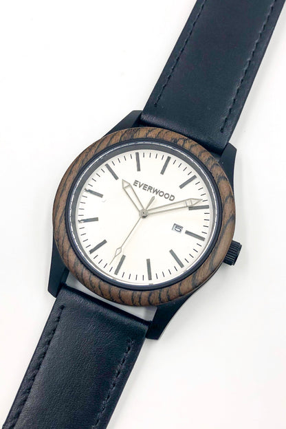 Inverness walnut wooden watch with white dial and black leather strap, image 5 of 5