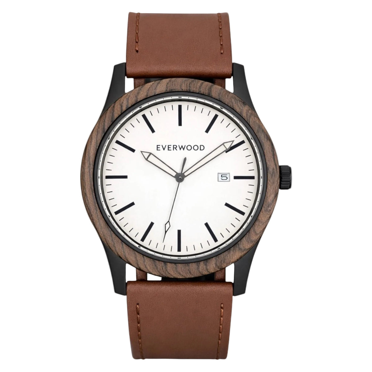 Inverness walnut wooden watch with white dial and brown leather strap, main product photo