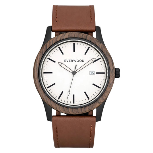 Inverness walnut wooden watch with white dial and brown leather strap, main product photo
